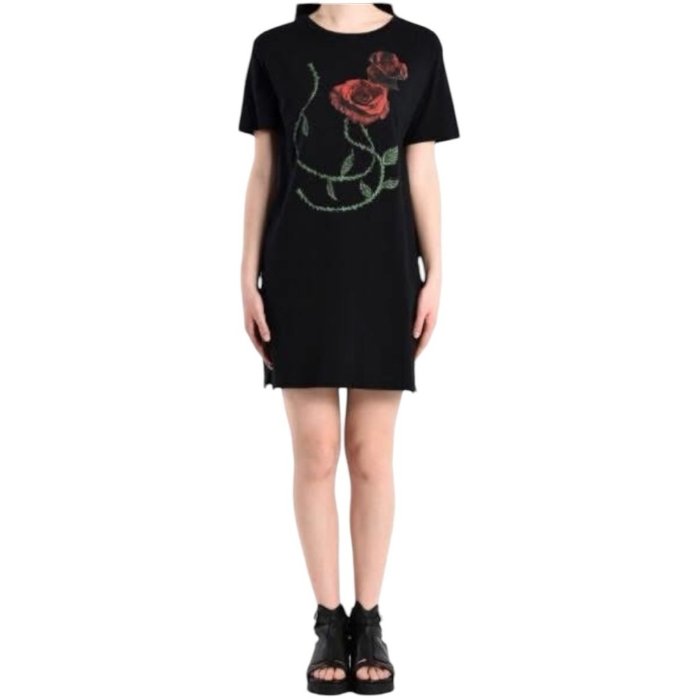 Pierre Darre Black Cotton Mini Dress Rose Graphic Short Sleeve Size XS